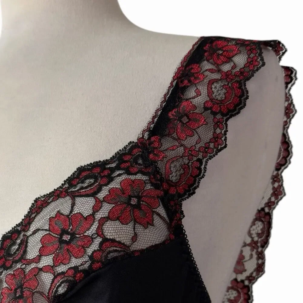 Vtg 80s Vampy Goth Black Satin & Red Floral Lace High Leg Bodysuit Teddy Small